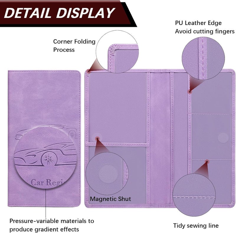 Peisicne Car Registration and Insurance Card Holder for Women Men, Purple Glove Box Paperwork Organizer with Magnetic Buckle for Easy Access and Protect Documents and Various Cards in Vehicle - Image 4